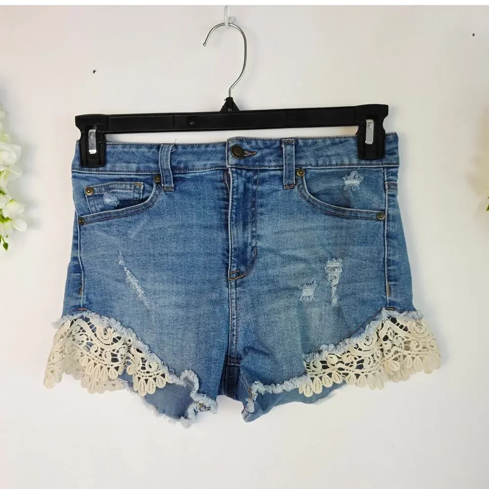 Altard State Lace Shorts 27 5 Blue Distressed Boho Cottage Festival Coquette